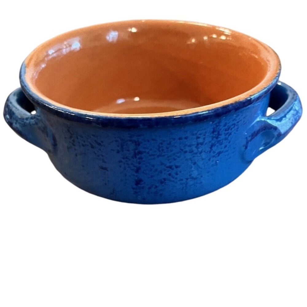 De Silva Pottery Terra Cotta Glazed Bowl / Crock Made in Italy Blue / Orange